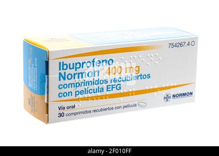 Huelva, Spain - March 6, 2021: Spanish box of Ibuprofen, is a medication anti-inflammatory drug. Used for pain, fever, and inflammation, painful menst Stock Photo