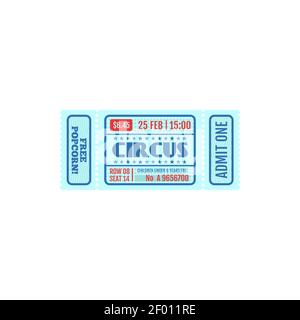 Circus ticket template, mention about free popcorn and children under 6 year free. Vector admit one on festival of fun, mockup of pass on amusement pa Stock Vector