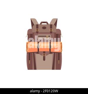 Brown camping backpack with sleeping mat isolated icon. Vector travel rucksack, tourist bag with hiking equipment. Haversack or knapsack, outdoor adve Stock Vector