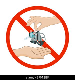 Prohibition red symbol with hand and car key isolated on white background. Forbidden to drive sign. Car key in ban sign. Vehicle inspection. Vector Stock Vector