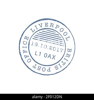 Liverpool British post office round stamp isolated icon. Vector rubber seal print, mailing postmark template, grunge blue postal sign. mark on envelop Stock Vector
