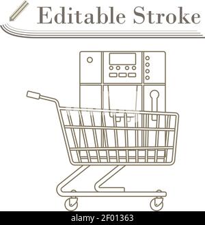 Shopping Cart With Cofee Machine Icon. Editable Stroke Simple Design. Vector Illustration. Stock Vector