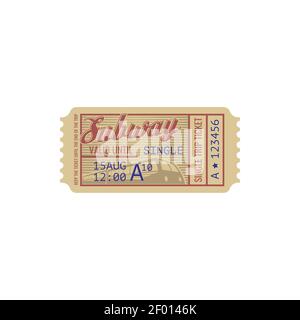 Subway single trip ticket isolated retro pass on train template. Vector one trip ticket, keep until end of journey. Railroad station underground subwa Stock Vector