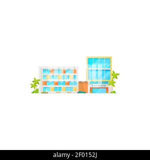 City hostel building with parking zone isolated icon. Vector modern hotel or motel, apartment townhouse to stay in at holiday vacation. Multiapartment Stock Vector