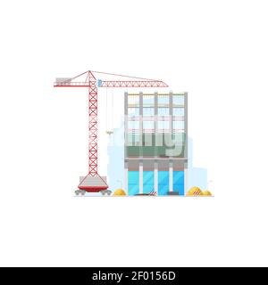Tall office building construction isolated facade and lifting crane icon. Vector machinery and stop signs, piles of build materials. House constructio Stock Vector