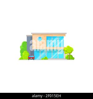 Country dwelling outdoor facade, suburban house with panoramic windows and parked car in garden with green leaves isolated. Modern villa, townhouse re Stock Vector