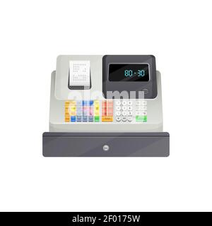 Till cash register print check isolated realistic cash-desk. Vector cash box with drawers, money counter, checkout counter with display. Electronic pa Stock Vector
