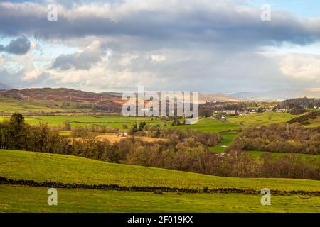 A view of the Ken valley landscape in the Glenkens, with Dalry in the distance, Dumfries and Galloway, Scotland Stock Photo