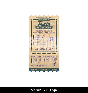 Retro train ticket from New York to Annapolis isolated icon. Vector single travel ticket, control sign, mention departure date, time, seat and wagon T Stock Vector