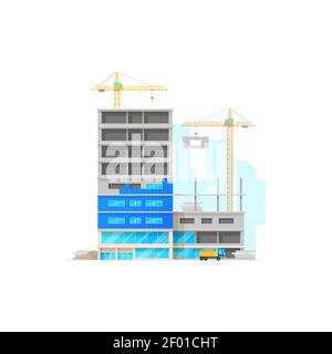 House in process of construction, building lift cranes with blocks, development of urban infrastructure. Vector city apartments architecture, trucks w Stock Vector