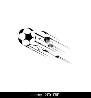 Vector sport equipment, soccer ball in move isolated monochrome icon. Moving football ball leaving trace, kick or shoot sign. Soccerball on speed, cha Stock Vector