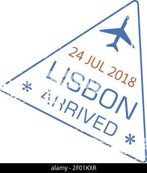 Lisbon arrived visa stamp isolated grunge icon with airplane. Vector arrival in Portugal international airport sign, immigration border control docume Stock Vector