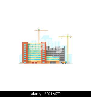 Urban building industry isolated residential house under construction. Vector lifting cranes with scaffolding blocks, process of development new livin Stock Vector