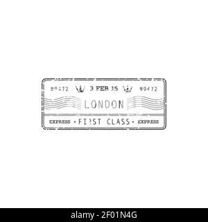 Air mail of UK, royal post isolated London stamp with express first class delivery sign. Vector grunge icon, postmark. Postal correspondence transport Stock Vector