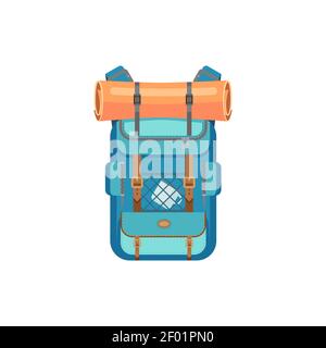 Blue backpack with sleeping mat isolated hiking and camping sport bag. Vector traveling rucksack or haversack with camp gear, tourist knapsack with me Stock Vector