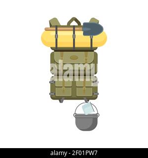 Knapsack with sleeping bag, cooking pot and cup isolated traveling rucksack icon. Vector backpack with spade or shovel, bag with tourist equipment, ca Stock Vector