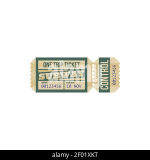 One trip ticket in any direction isolated subway entry with control sign. Vector pass card to underground or railway station, number and valid until m Stock Vector