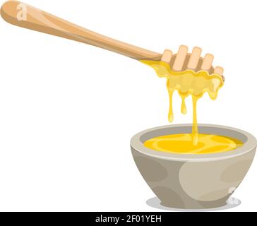 Honey flowing on wooden honey dipper spoon. Vector liquid honey drops dripping in jar or bowl plate Stock Vector