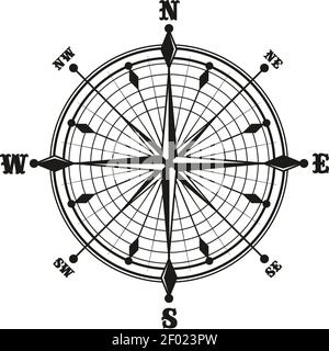 Marine navigation compass isolated icon. Vector monochrome rose of wind, dial showing longitude and latitude Stock Vector