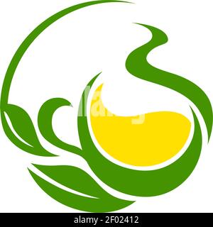 Tea with lemon isolated creative logo. Vector herbal hot drink with citrus fruit and garden herbs Stock Vector