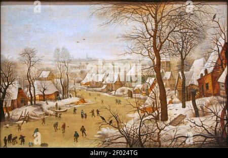 Pieter Brueghel de Jonge - Winterlandschap met vogelval. Stock Photo