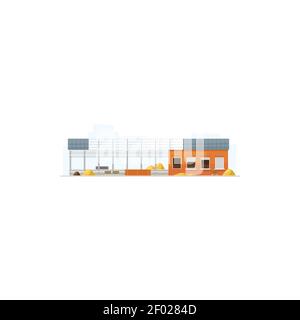 Warehouse building construction site isolated icon. Vector industrial factory storage of building materials, piles of concrete and sand, city mall or Stock Vector