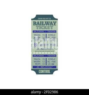 Railway ticket from Baltimore to Trenton isolated mockup. Vector central railway station paper ticket with mention of seat, wagon and train, baggage a Stock Vector
