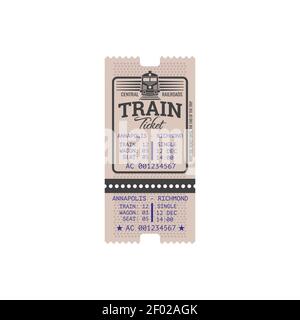 Central railroad train ticket from Annapolis to Richmond isolated mockup icon. Vector railway control pass, mention of seat, train and wagon, keep til Stock Vector