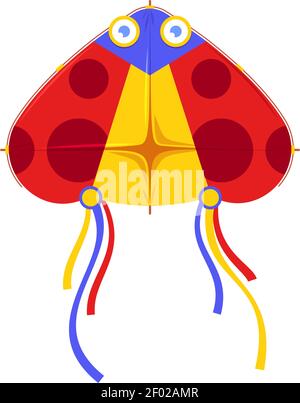 Kites in shape of bird, fish or insects, entertainment and active pastime. Vector toy of paper or fabric, butterfly and dragonfly, ladybug. Flying obj Stock Vector
