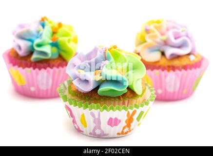Pastel Rainbow Frosted Easter Cupcakes  Isolated on a White Background Stock Photo