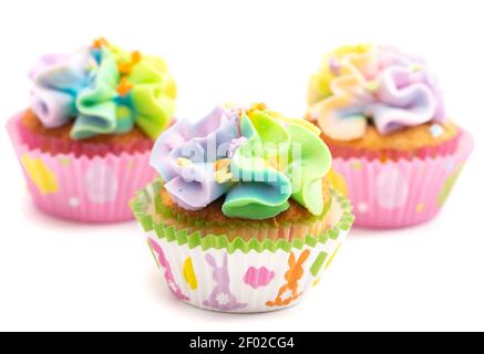 Pastel Rainbow Frosted Easter Cupcakes  Isolated on a White Background Stock Photo