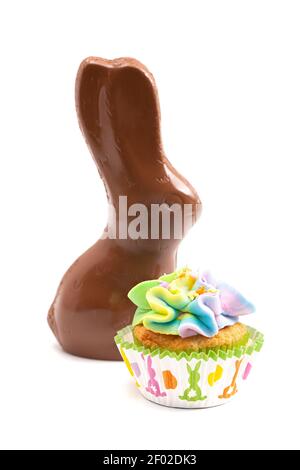 Chocolate Easter Bunny and Cupcakes Isolated on a White Background Stock Photo