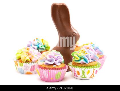 Chocolate Easter Bunny and Cupcakes Isolated on a White Background Stock Photo