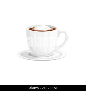 Chocolate hot cup or cocoa drink mug and coffee, vector icon. Hot chocolate or cocoa sweet drink with marshmallow or creamy milk foam in white cup on Stock Vector