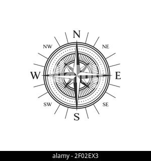 Wind-rose navigation symbol isolated compass with sun in middle. Vector ...