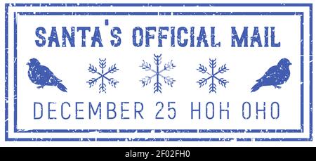 Post mark rectangular grunge isolated mail stamp. Vector Santas official sign with bird and snowflakes Stock Vector
