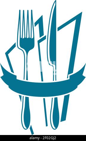 Knife, folk and spoon on plate isolated table setting. Vector kitchen utensils, cutlery logo Stock Vector