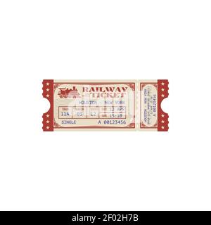 Single ticket to travel from Houston to New York isolated icon. Vector railroad vintage pass with retro train sign, rail road transport access paper w Stock Vector
