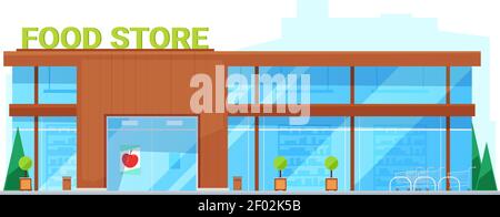 Grocery store vector flat building. Food shop and supermarket building Stock Vector