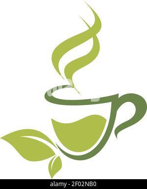 Herbal floral tea with green leaves isolated logo. Vector mug of hot steaming drink with organic herbs Stock Vector