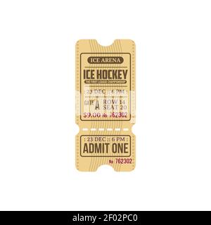 Ice hockey first league championship isolated retro ticket template. Vector admit one on ice arena, vintage ticket with cutting line, admit one. Winte Stock Vector