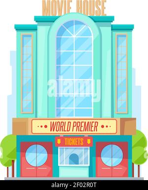 City building, cinema or movie theater. Vector facade, construction or public place, entertainment. Urban architecture with glass entrance, several st Stock Vector