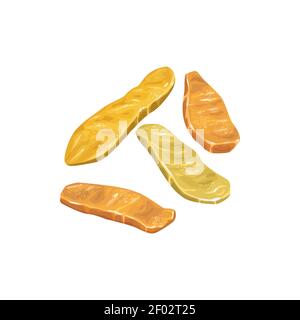 Candied dried fruits, dry food fruit sweets, isolated vector icon. Candied dried pineapple, mango or papaya succade slices, sweet dessert confection, Stock Vector