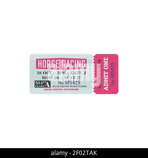 Ticket on horse racing event isolated turn-off retro card with admit one on control. Vector entry on hippodrome, mention of seat, row and gate. Raceco Stock Vector