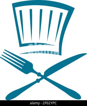Chef hat, crossed fork and knife isolated restaurant logo. Vector cookers hat and kitchen utensils Stock Vector