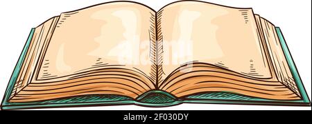 Book in hardcover isolated open textbook isolated hand drawn sketch. Vector opened textbook, diary with blank pages, dictionary or encyclopedia. Old l Stock Vector