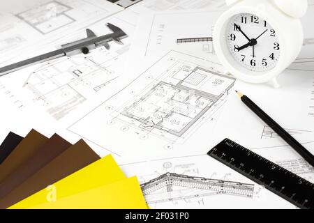 Architect workplace top view, architectural construction house building Stock Photo