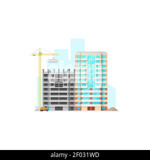 Multistory building, cranes lifting blocks, real estate house or business center construction isolated working area. Constructed residential building Stock Vector
