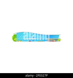 Railway station mockup isolated city infrastructure building. Vector railroad platform with train locomotive, facade of underground, intercity destina Stock Vector