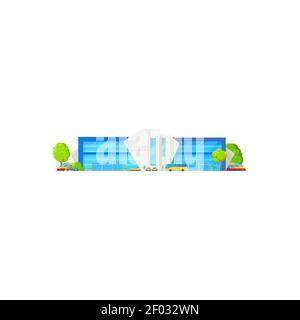 Modern railway station building design, transport and trees isolated. Vector subway terminal, scene with locomotive, boarding zone, vehicles and bus. Stock Vector